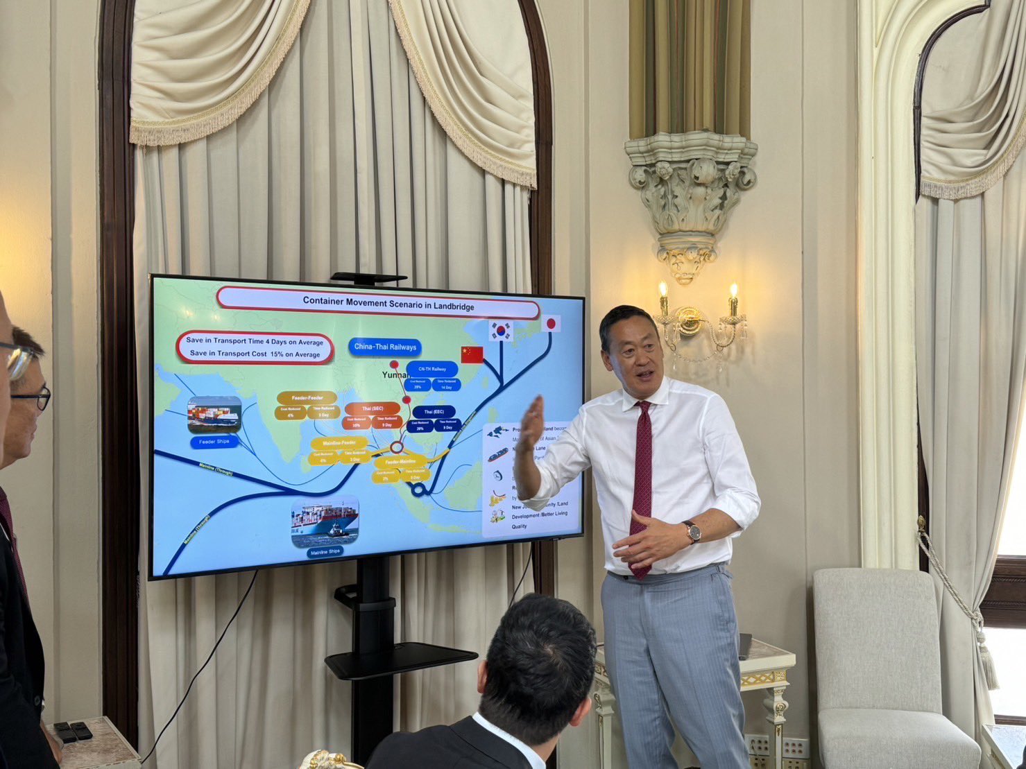 Thai Prime Minister Srettha Thavisin meets with Thai officials to discuss his pitch for the Landbridge infrastructure project, which he is bringing to the APEC summit in San Francisco