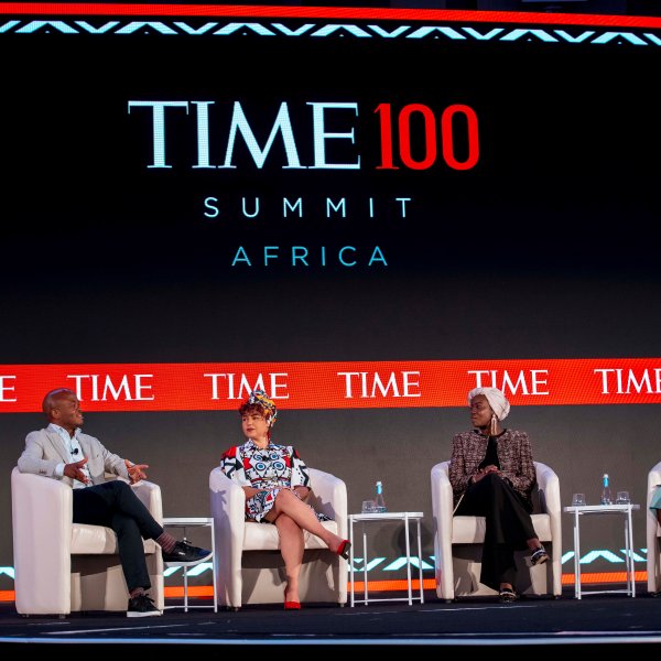 Left to right: Fred Swaniker, Aya Chebbi, Emi Mahmoud and Fiona Muthoni in conversation at the TIME100 Summit Africa in Kigali, Rwanda on Nov. 17