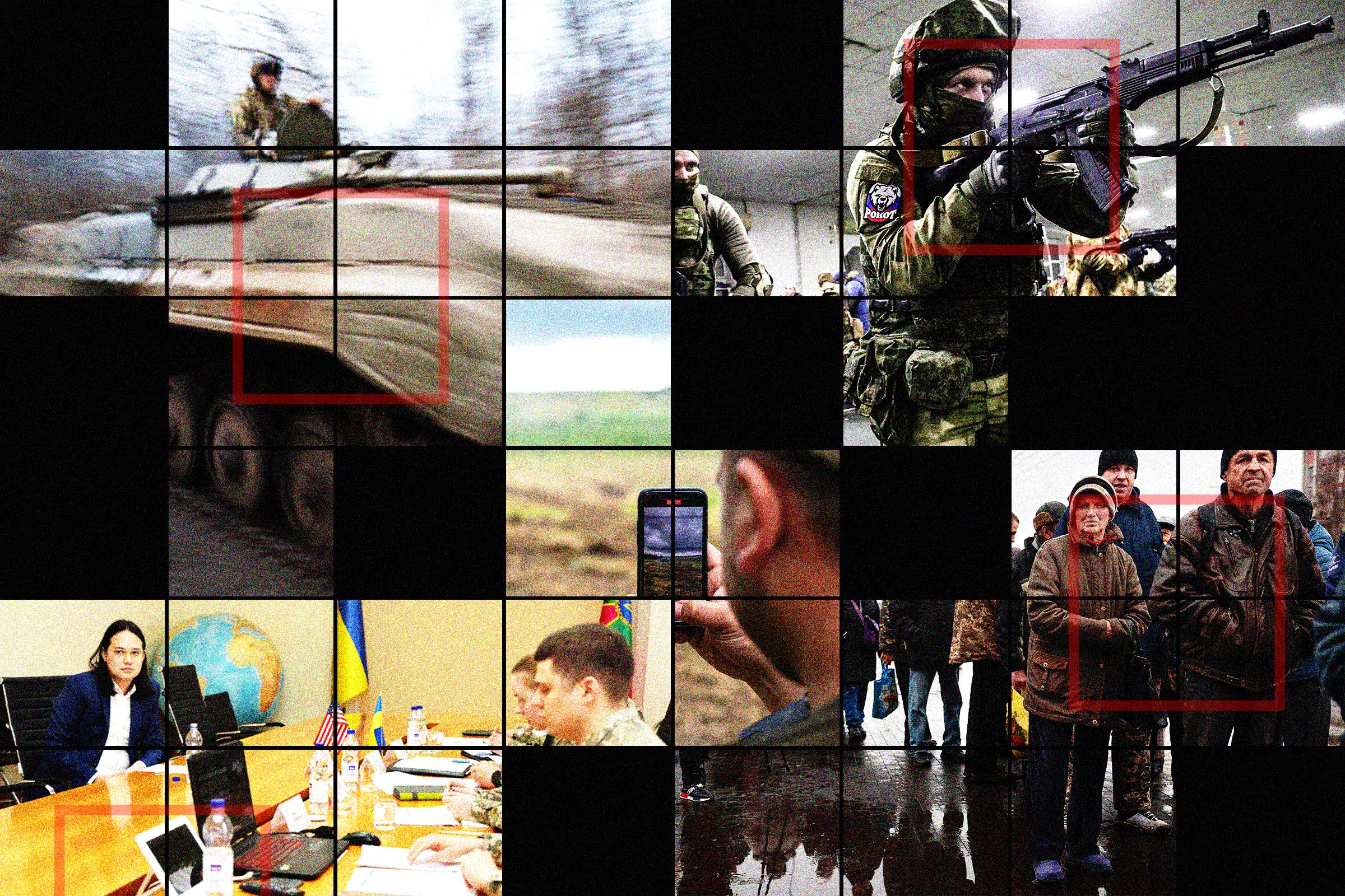 A collage showing Ukrainian Infantry fighting vehicle in Bakhmut, Jan 18.; Russian military volunteers have a military training in Rostov, Dec. 6, 2022; Ukrainian civilians line up to receive food, Chernihiv, Nov. 28, 2022; Ukrainian soldier filming on his phone during a military exercise, June 27; Clearview AI CEO Hoan Ton-That and Ukrainian Military officials