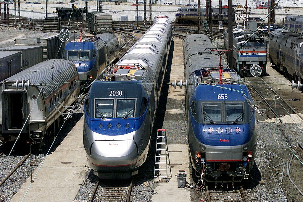 An Amtrak high-speed Acela train (center) in Philadelphia's