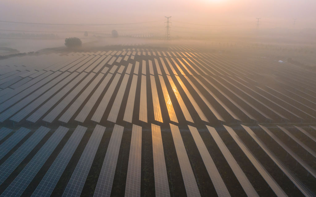 A photovoltaic new energy base is seen under advection fog in Suqian, Jiangsu province, China, Oct. 17, 2023.