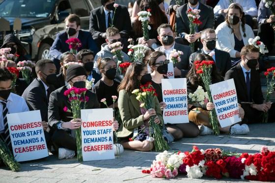 Congressional staff members hold a demonstration calling for a ceasefire outside the Capitol in Washington, D.C., on Nov. 8, 2023. 