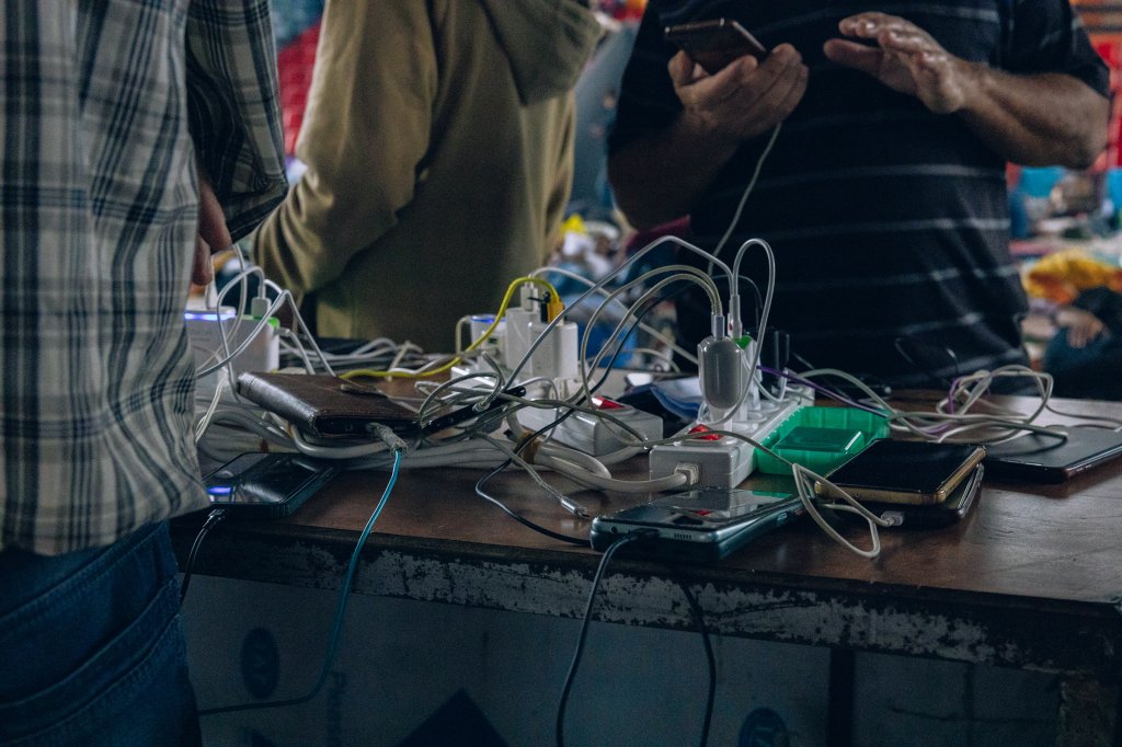 The charging station at the Sarriyeh sports club in the West Bank city of Ramallah on Oct. 12. Most of the workers at the sports club spend their day trying to make contact with their families in Gaza.