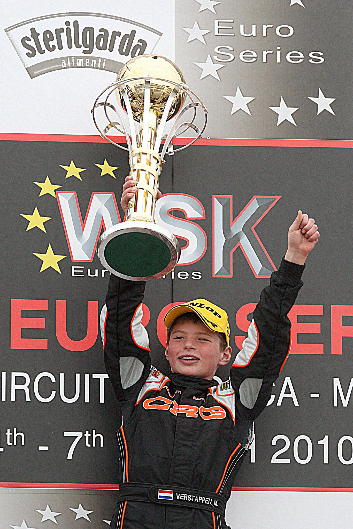 Max Verstappen at the podium during the WSK Junior Karting Euro Series in 2010.
