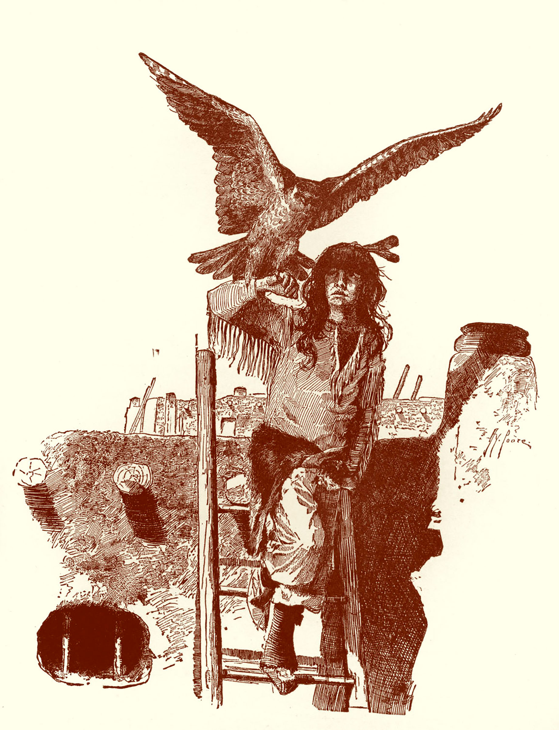 A Pueblo boy with an eagle.