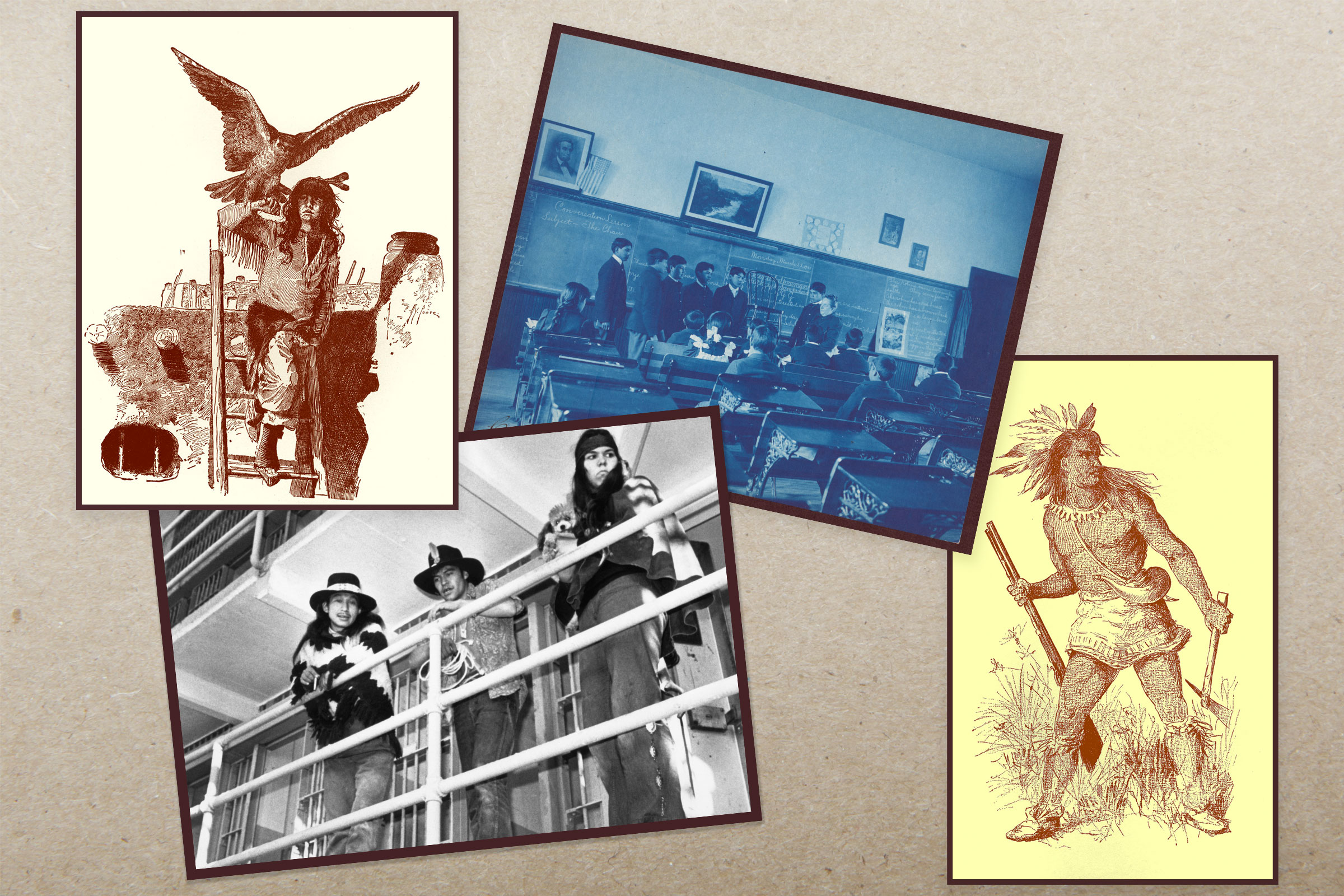 A collage of images showing A Pueblo boy with an eagle; Children at the Carlisle Indian Industrial School; Pontiac, Chief of the Odawa; Indian demonstrators inspect prison galleries in the main cell block on Alcatraz Island, 1969