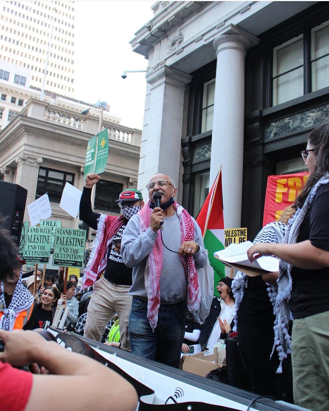 Monadel Herzallah protests in front of the Israeli Consulate in San Francisco, on Oct. 8, 2023.