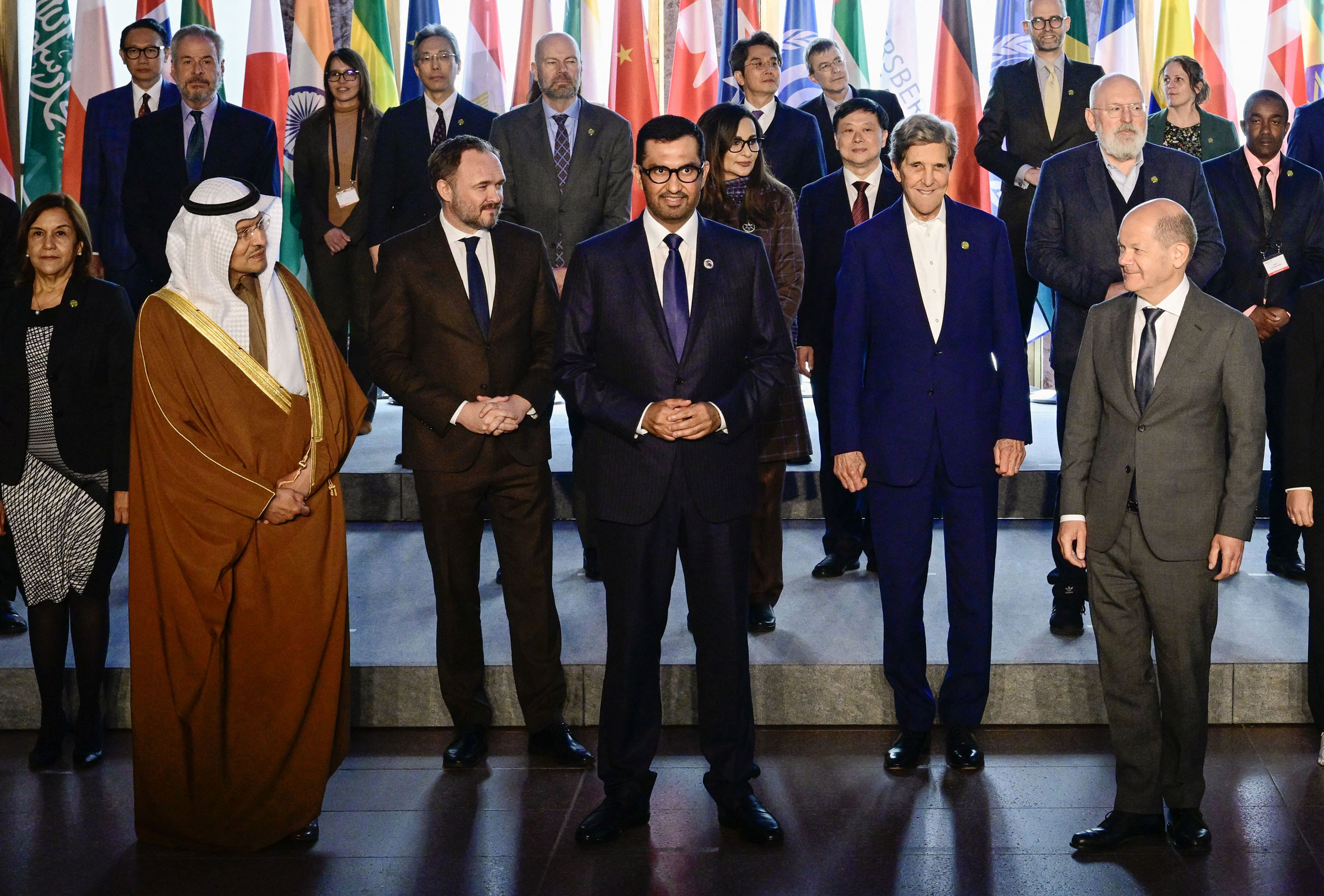 Sultan Al Jaber, center, among participants including German Chancellor Olaf Scholz and U.S. Climate Envoy John Kerry