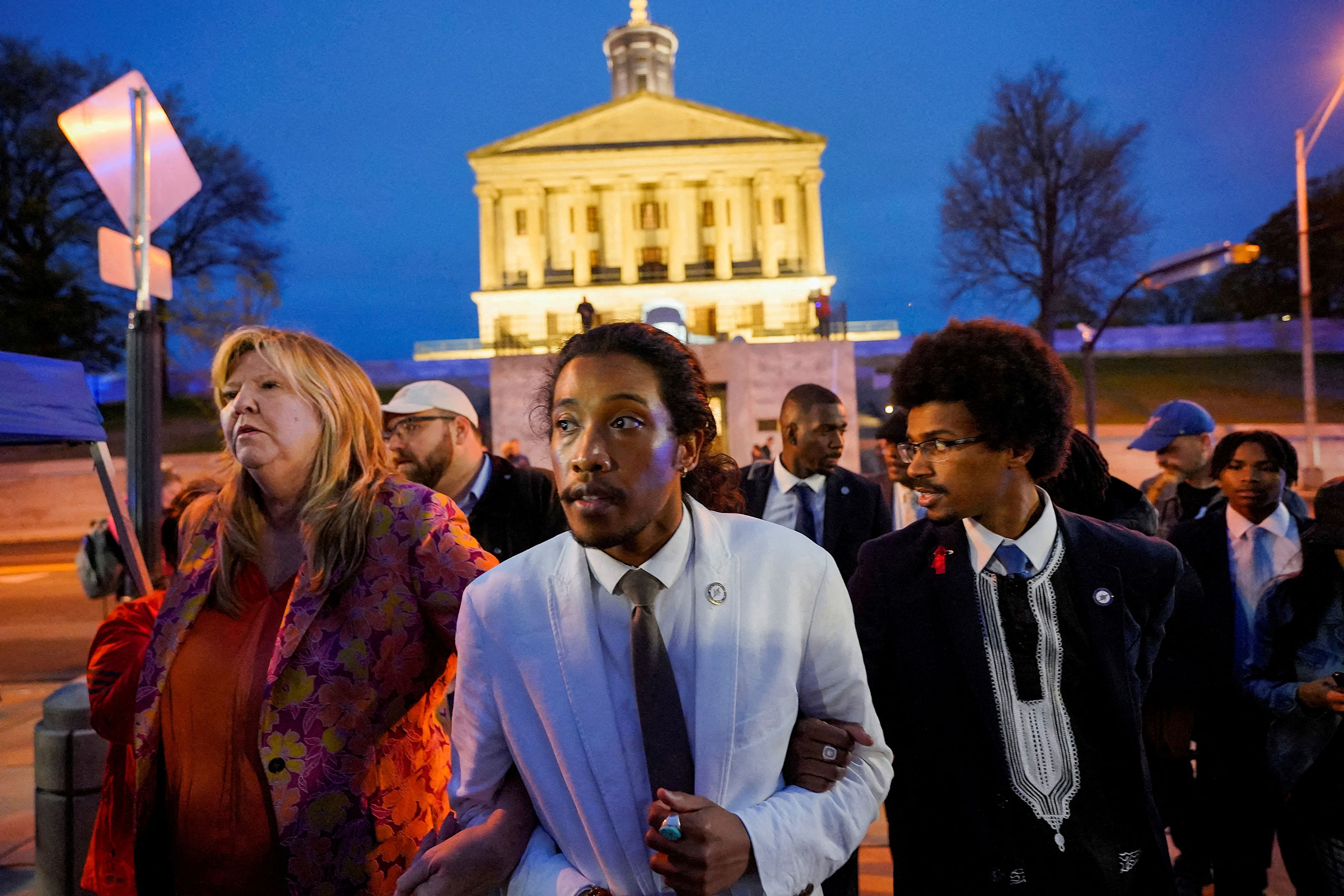 Rep. Gloria Johnson, Rep. Justin Jones, Rep. Justin Pearson leave the Tennessee State Capitol after a vote at the Tennessee House of Representatives to expel two Democratic members for their roles in a gun control demonstration at the statehouse last week, in Nashville, Tenn., on April 6.