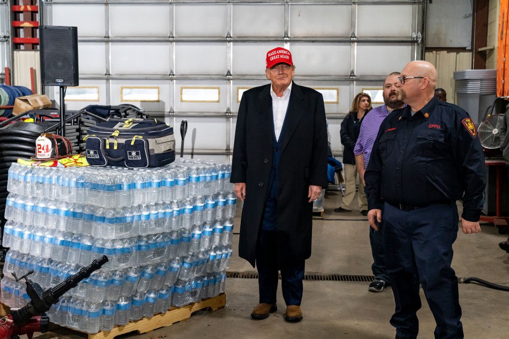 Former President Donald Trump stands next to a pallet of water before delivering remarks at the East Palestine Fire Department station in East Palestine, Ohio on Feb. 22. On Feb. 3 a Norfolk Southern Railways train carrying toxic chemicals derailed causing an environmental disaster.