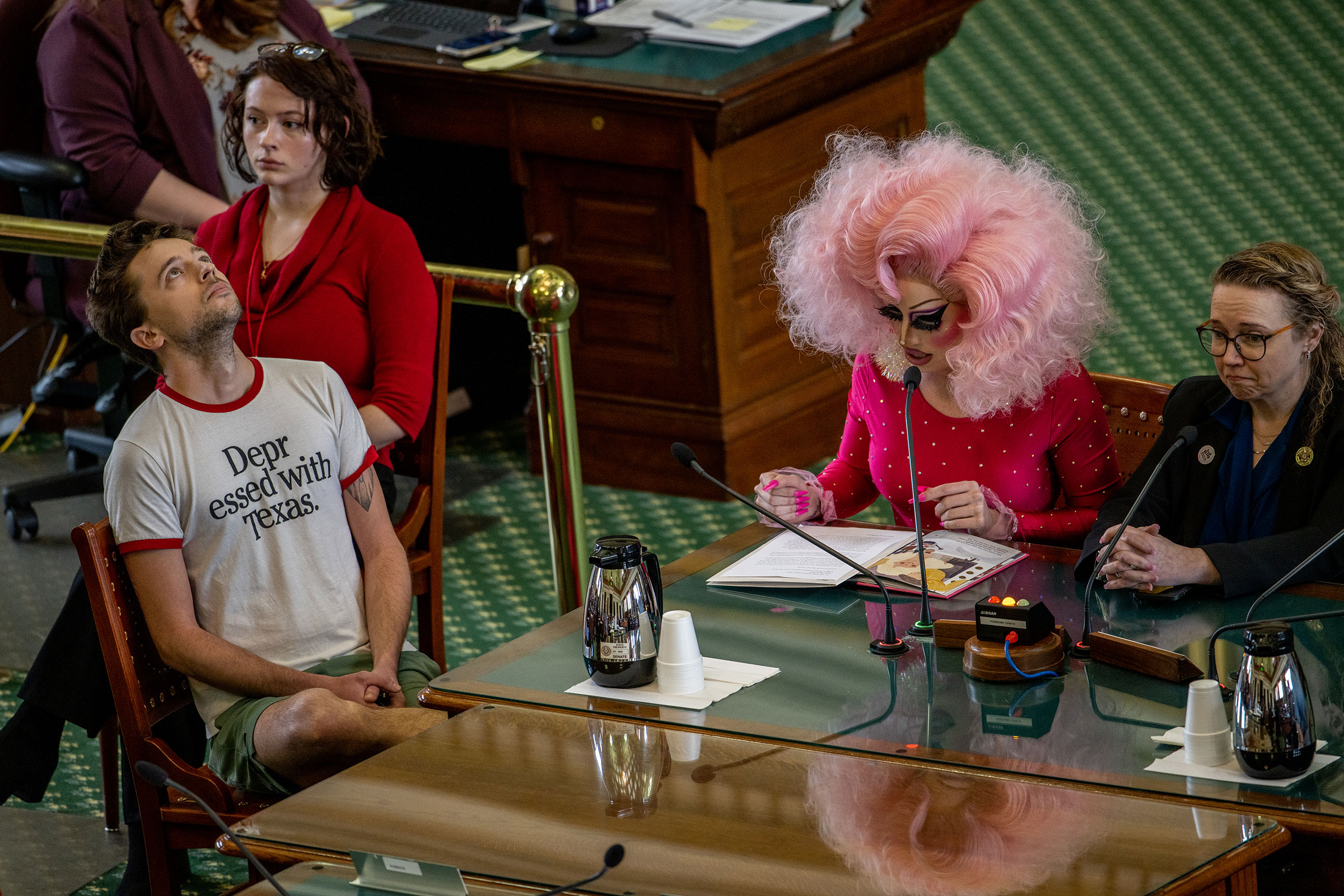 Drag Queen Brigitte Bandit gives testimony in the Senate Chamber at the Texas State Capitol in Austin, on March 23. People across the state of Texas showed up to give testimony as proposed Senate bills SB12 and SB1601, which would regulate drag performances, were discussed before the Chamber.