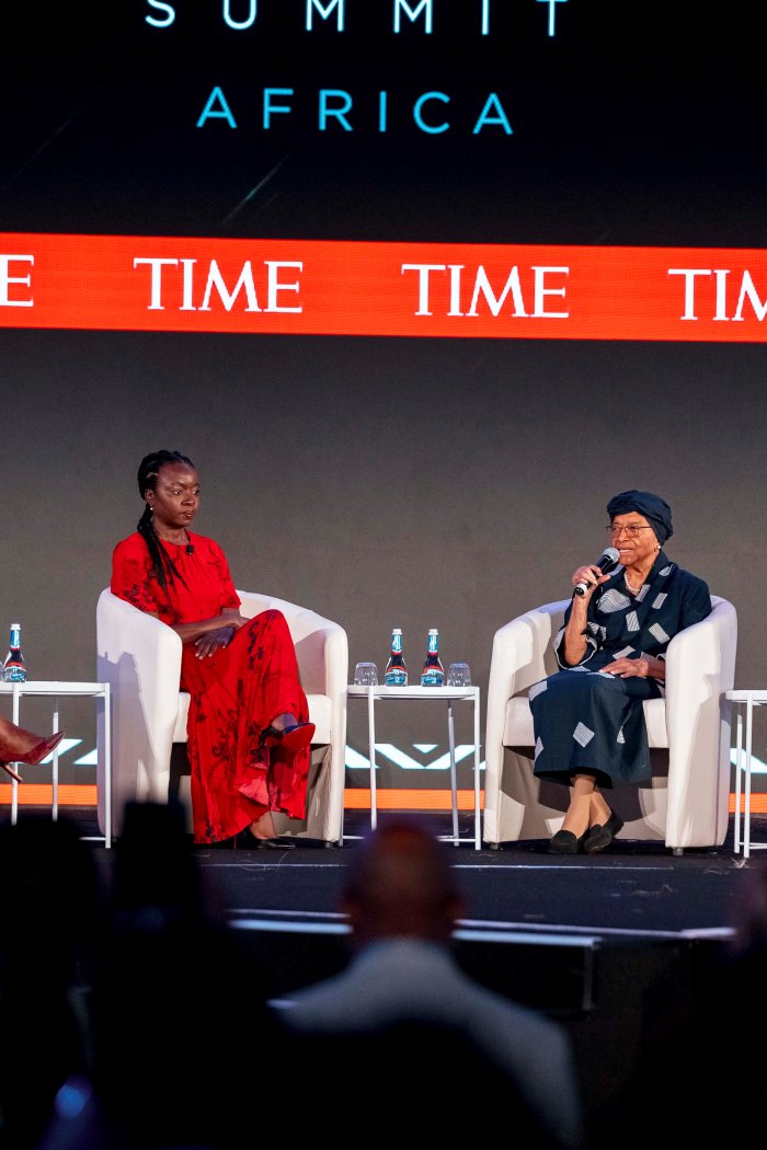 Left to right: Sindy Zemura-Bernard, Danai Gurira, Ellen Johnson Sirleaf, and Aryn Baker participate in a panel discussion on women’s empowerment at the TIME100 Africa Summit in Kigali, Rwanda, on Nov. 17, 2023.
