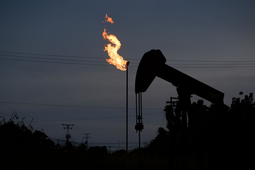 A Petroleos de Venezuela SA oil pumpjack on Lake Maracaibo in Cabimas, Zulia state, Venezuela, on Nov. 15, 2023.