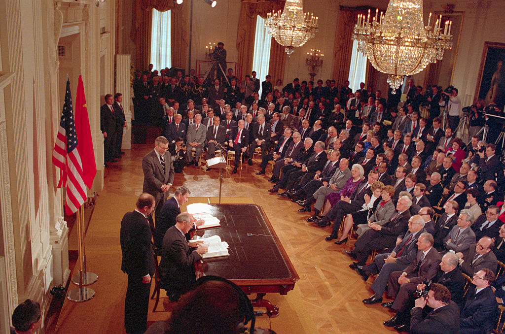 Mikhail Gorbachev and Ronald Reagan Signing Agreement