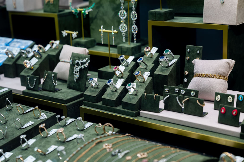 Window display in a jewelry diamonds shop in the Diamond Quarter in Antwerp, Belgium.