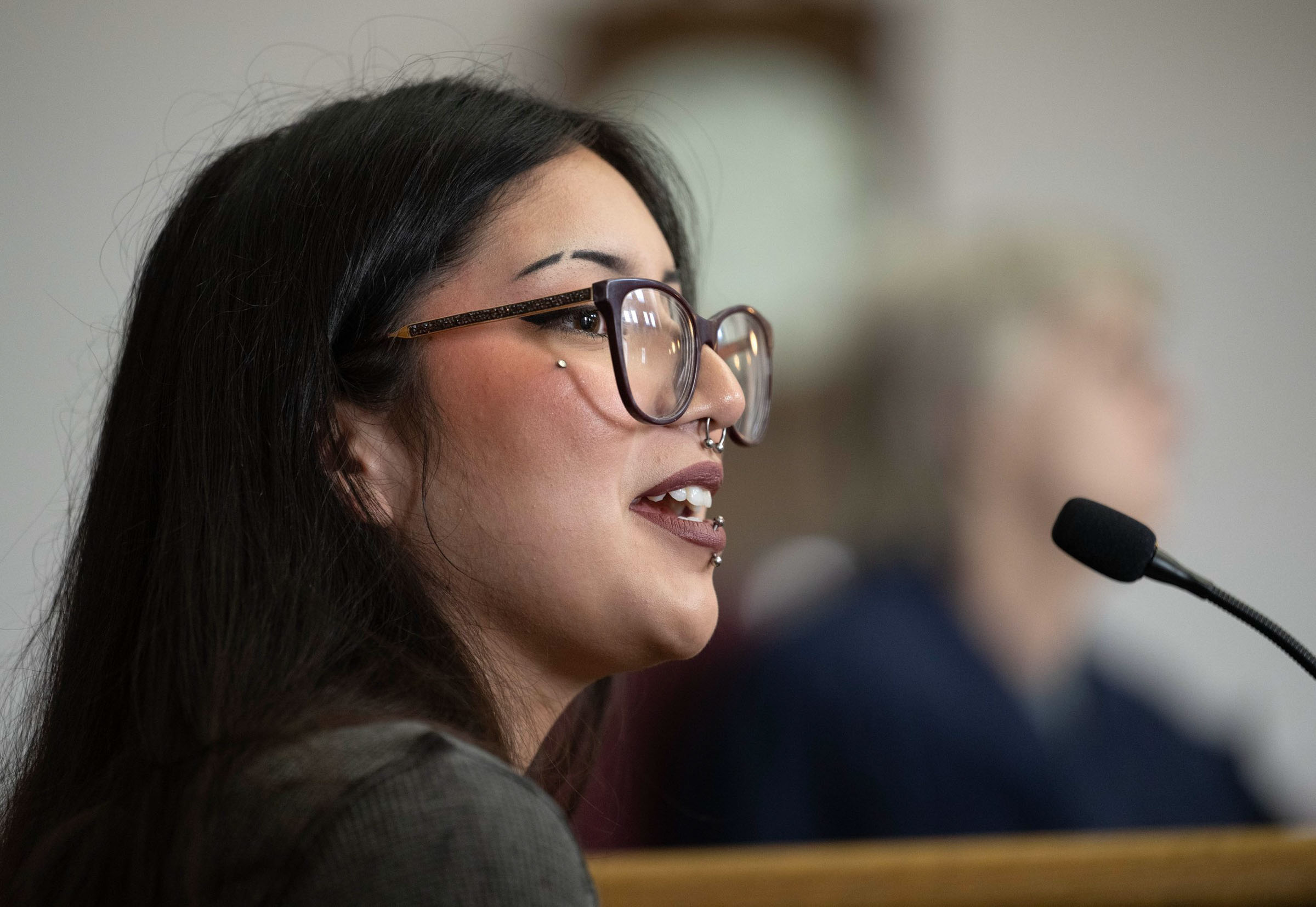 Sariel Sandoval, 20, speaks from the witness stand proceedings in a climate change lawsuit inside the Lewis and Clark County Courthouse