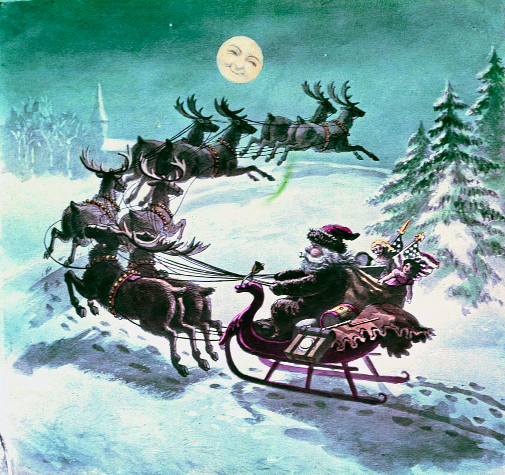 Smiling Moon Gazing on Santa Claus Riding in His Deer Drawn Sleigh