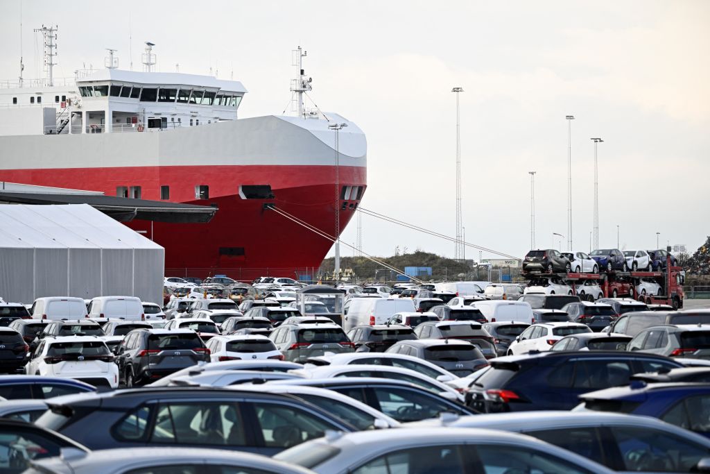 Cars at the port of Malmo, Sweden as port workers block the loading of vehicles from US electric car giant Tesla during a strike on Nov. 7, 2023.