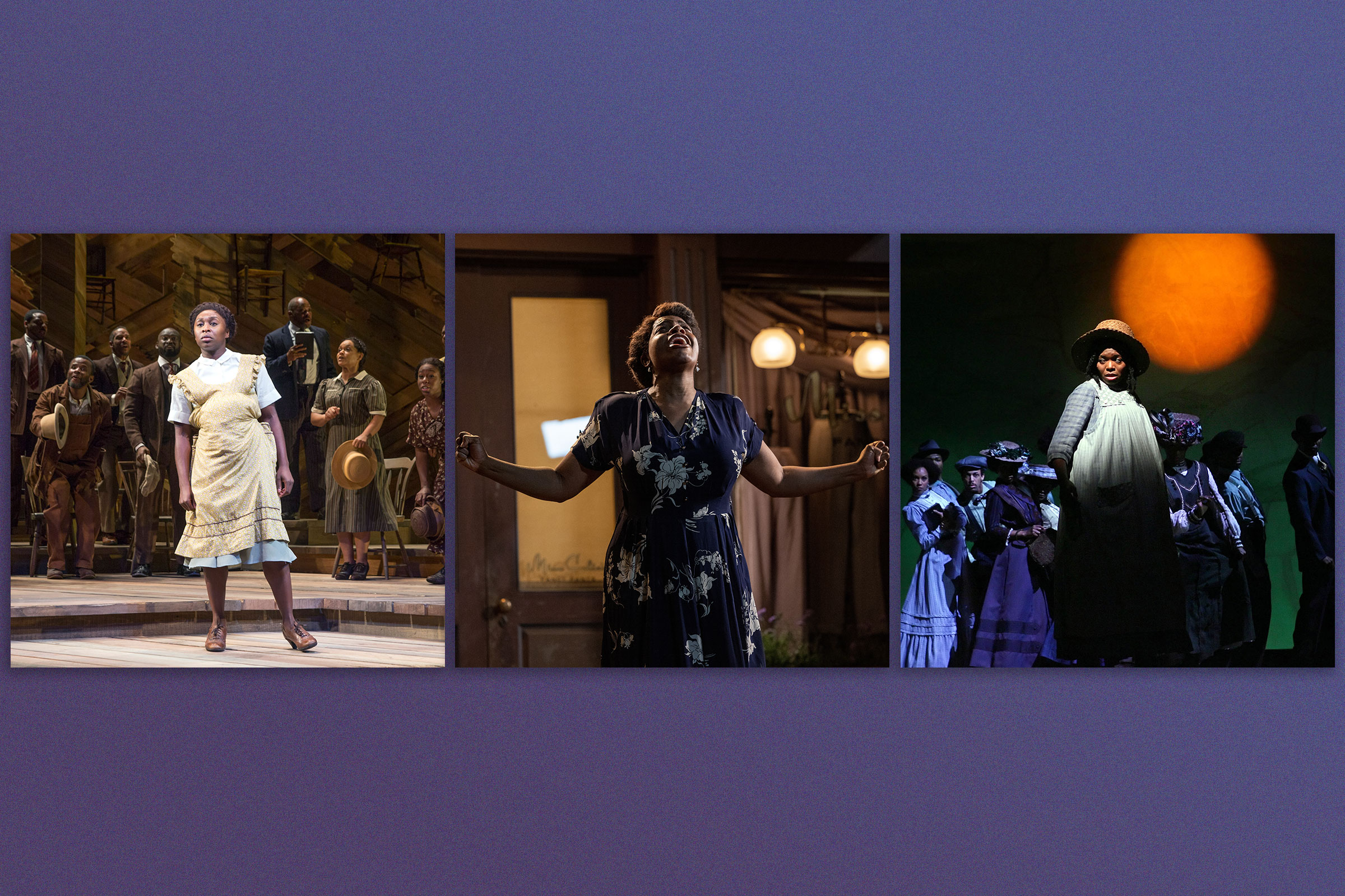 A side by side image on a purple background showing Cynthia Erivo as Celie in The Color Purple at the Bernard B. Jacobs Theatre in New York, Nov. 7, 2015; Fantasia Barrino as Celie in Warner Bros. Entertainment's The Color Purple; LaChanze, center, in The Color Purple at the Broadway Theater in New York in Oct. 2005.