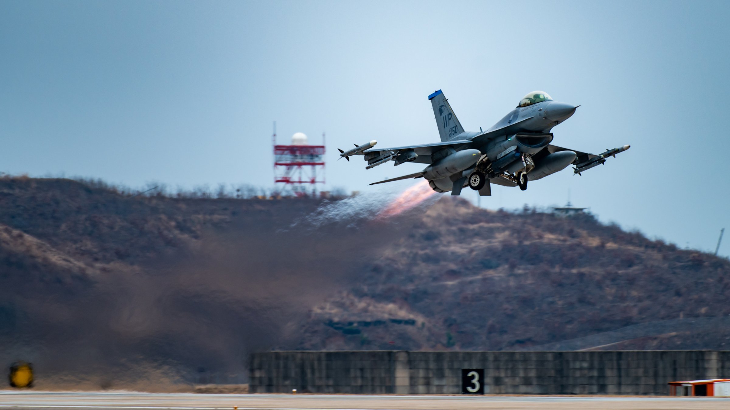 An F-16 Fighting Falcon assigned to the 35th Fighter Squadron takes off for agile combat employment mission at Kunsan Air Base, Republic of Korea, Jan. 19, 2024.
