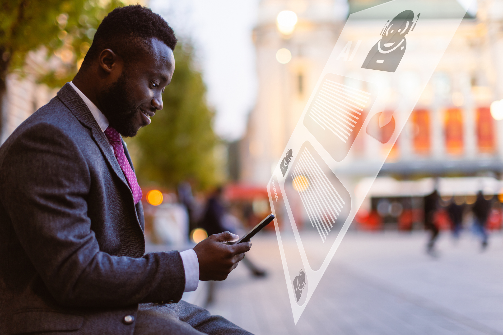 Black businessman using chatbot AI app on mobile phone