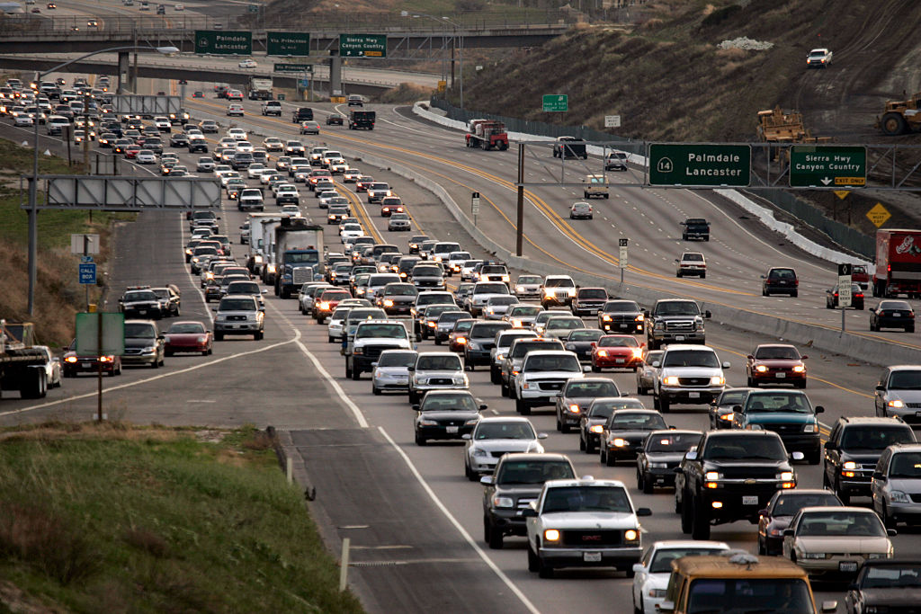 Morning commuters head south into Los Angeles on the packed 14 freeway just north of Golden Valley