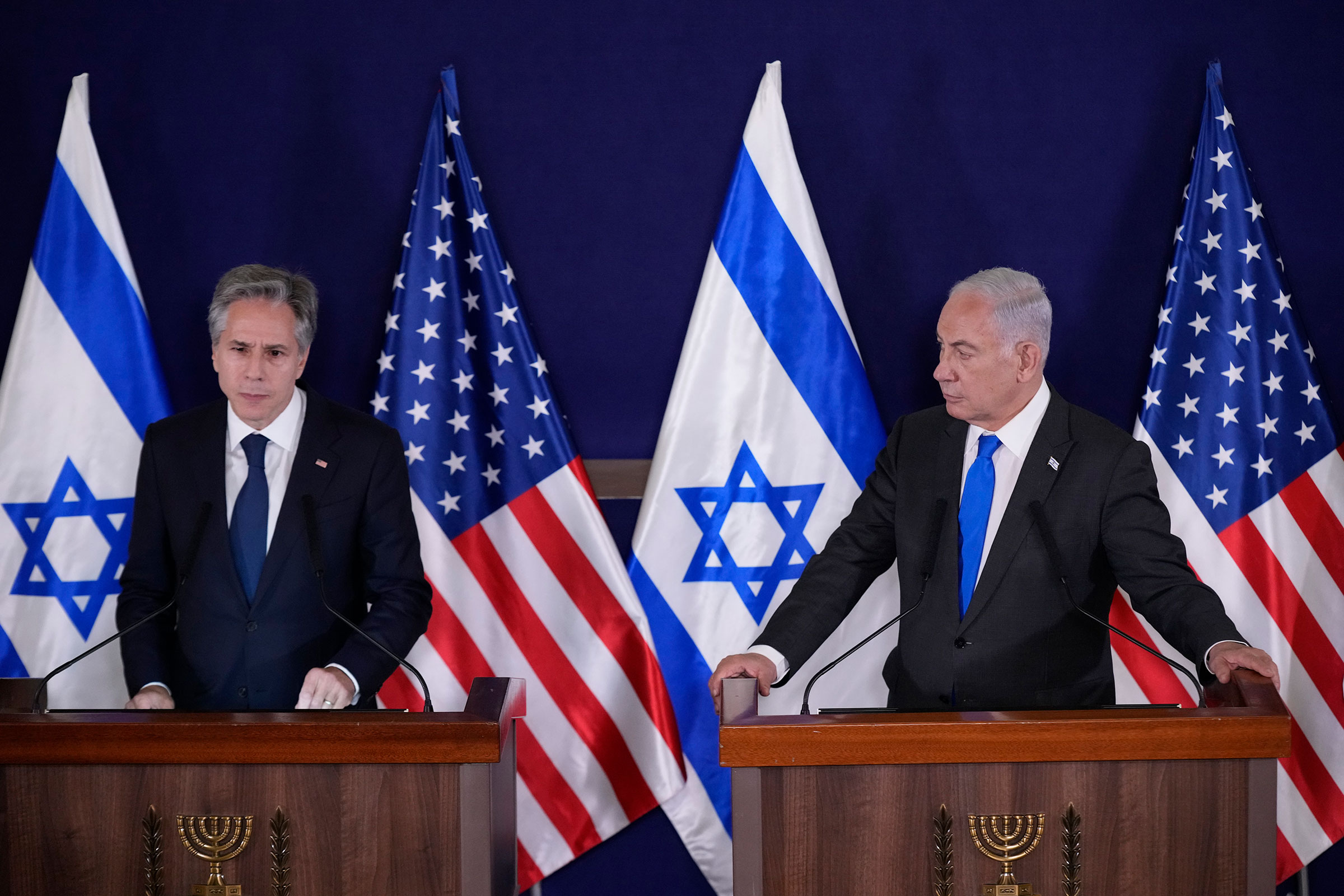 Blinken with Netanyahu at the Kirya in Tel Aviv on Oct. 12 (Jacquelyn Martin—AP)