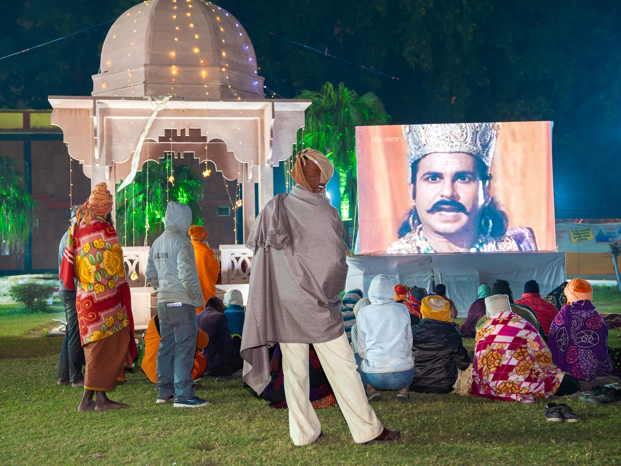 Several locations in Ayodhya, such as this on Jan. 19, have public screenings of the 1980s hit TV serial, 'Ramayana'
