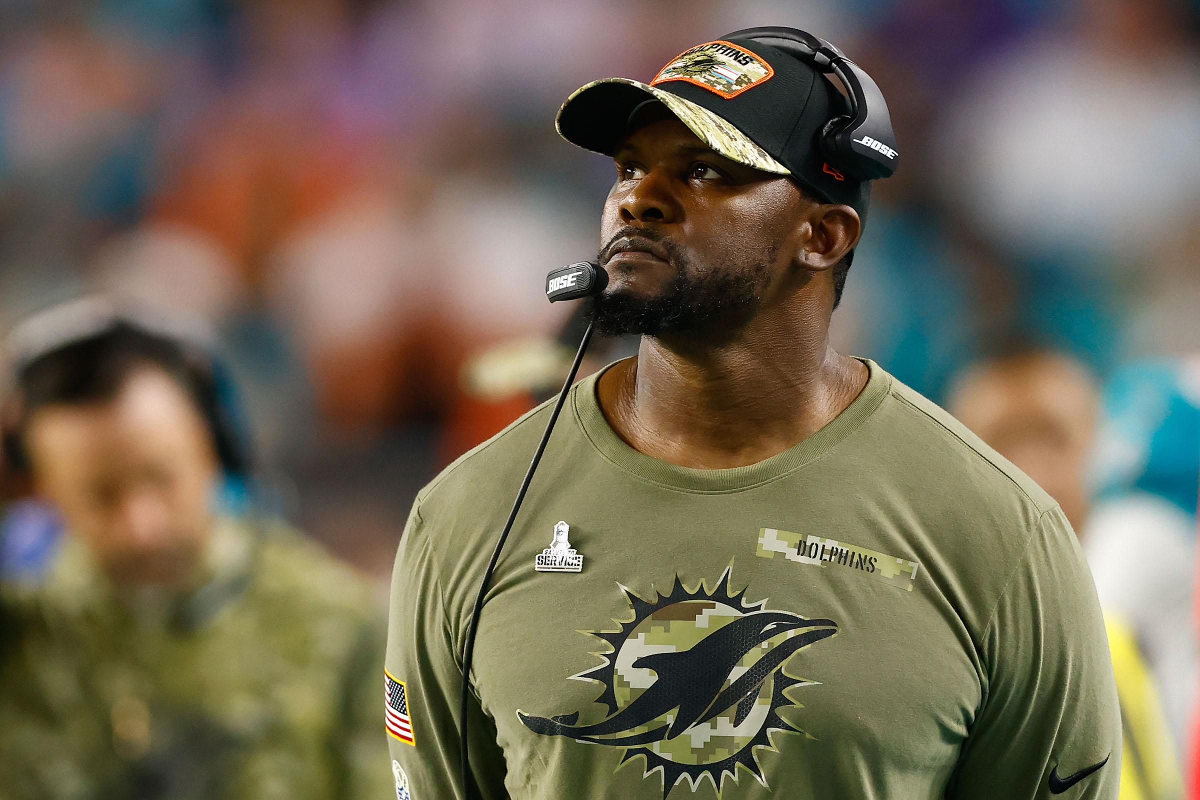 Head coach Brian Flores of the Miami Dolphins looks on against the Baltimore Ravensat Hard Rock Stadium on November 11, 2021 in Miami Gardens, Florida. (Michael Reaves—Getty Images)