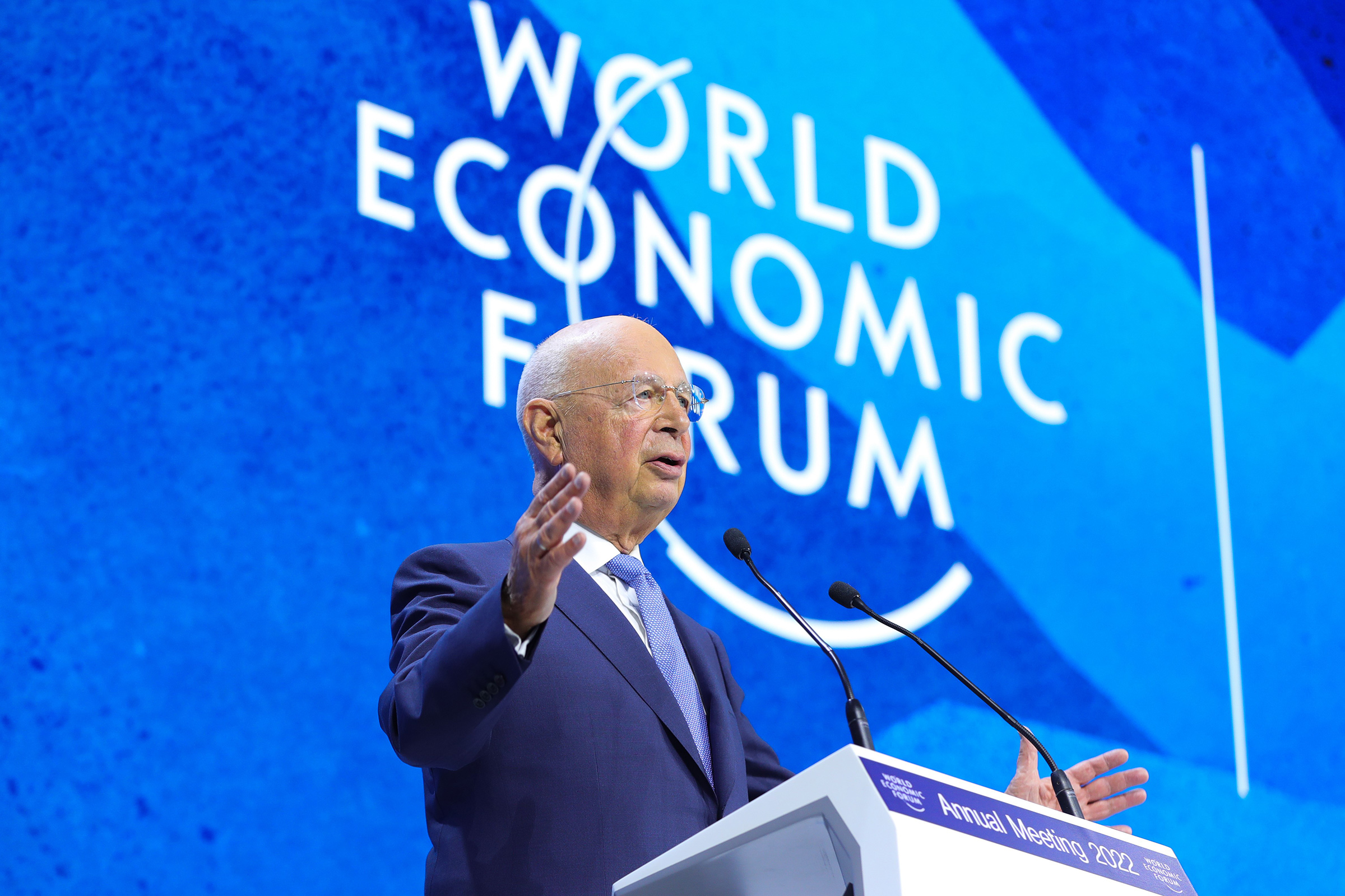Founder and executive chairman of the World Economic Forum Klaus Schwab delivers a speech at the WEF 2022 Annual Meeting in Davos, Switzerland, May 23, 2022. (Zheng Huansong—Xinhua/Getty Images)