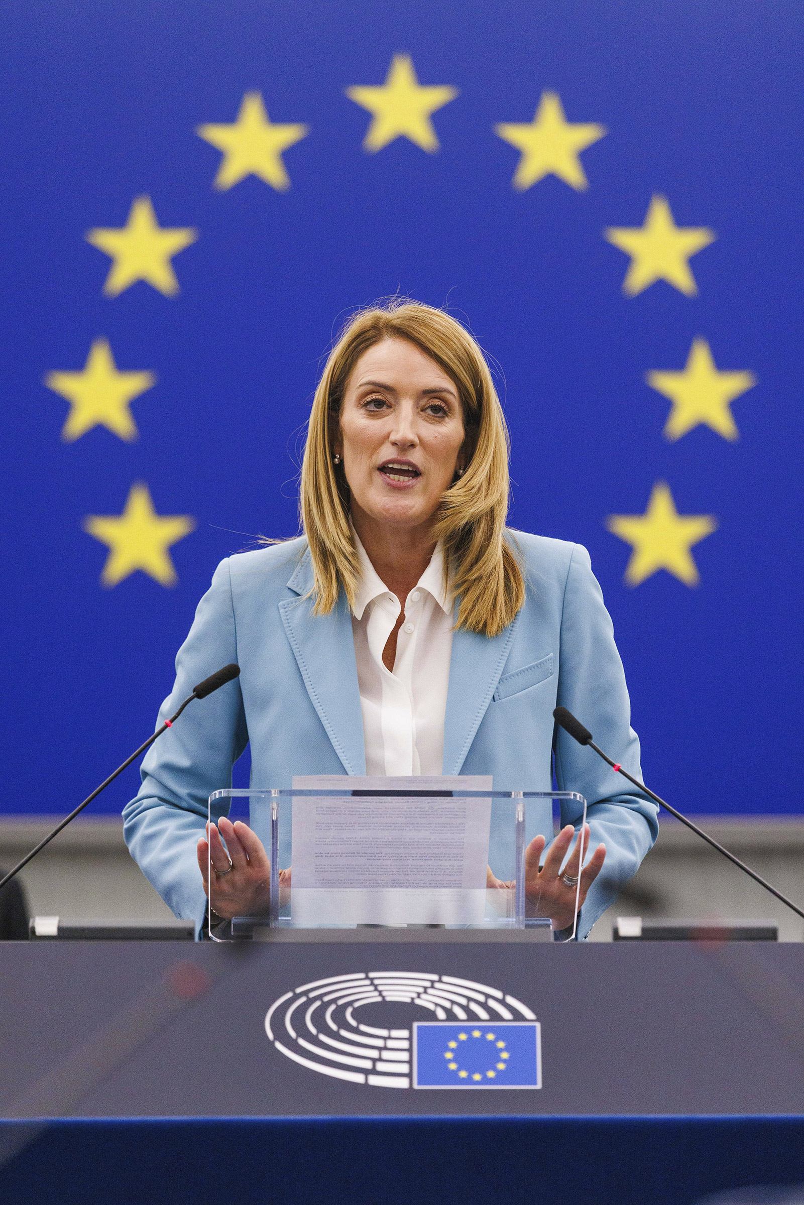Roberta Metsola addresses the European Parliament in Strasbourg, France, in September. (Philipp von Ditfurth—picture-alliance/dpa/AP)