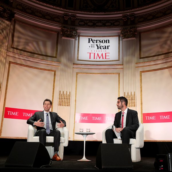 OpenAI’s Sam Altman, left, speaks to TIME’s editor-in-chief Sam Jacobs in New York City on Dec. 12