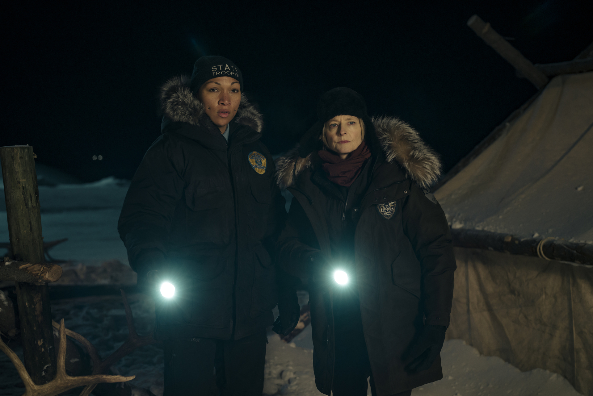 Kali Reis as Evangeline Navarro and Jodie Foster as Liz Danvers in 'True Detective: Night Country'
