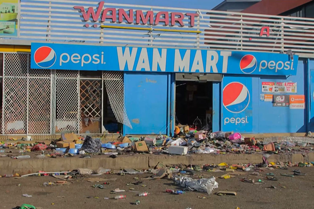 This screen grab from AFPTV video footage taken on Jan. 10, 2024 shows a damaged shop amid a state of unrest in Port Moresby, Papua New Guinea.