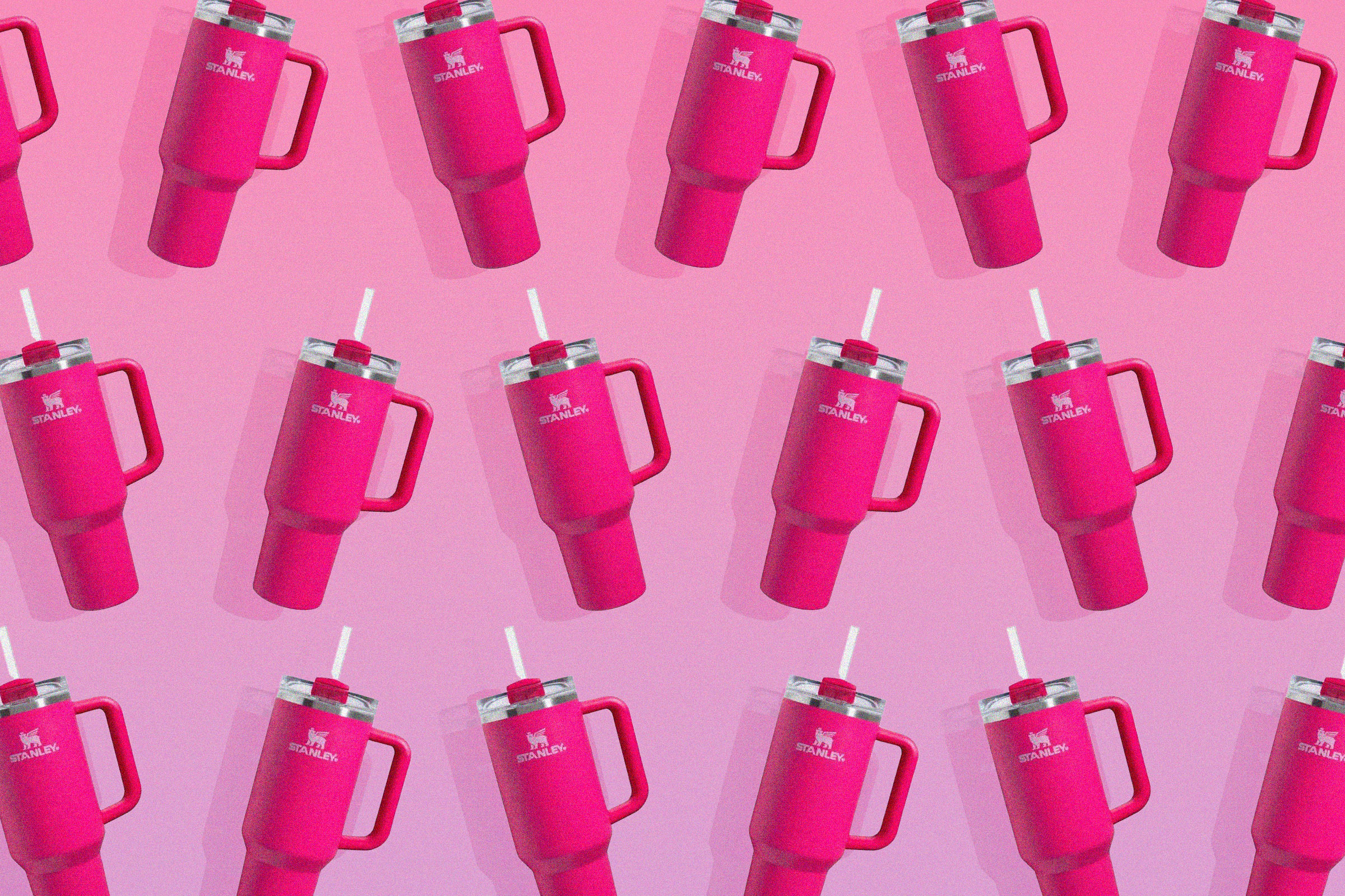 A collage of multiple Stanley 40 oz Stainless Steel H2.0 Flowstate Quencher Tumblers in Cosmo Pink