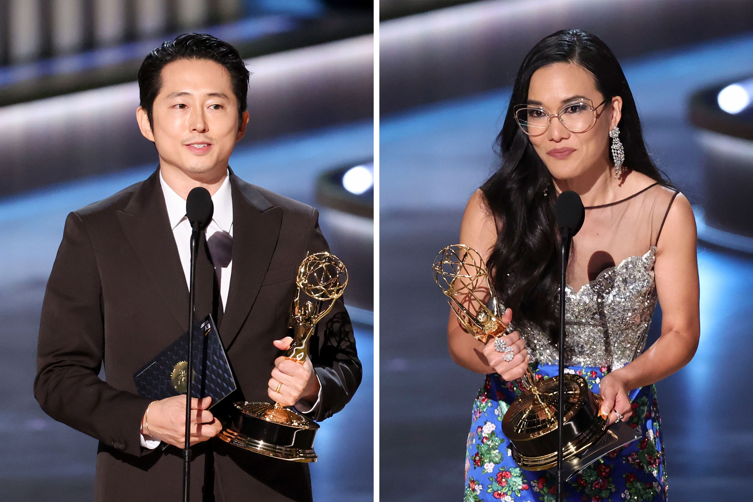 Steven Yeun accepts the Outstanding Lead Actor in a Limited or Anthology Series or Movie award for “Beef”; Ali Wong accepts the Outstanding Lead Actress in a Limited or Anthology Series or Movie award for "Beef" at the 75th Primetime Emmy Awards on Jan. 15, 2024.