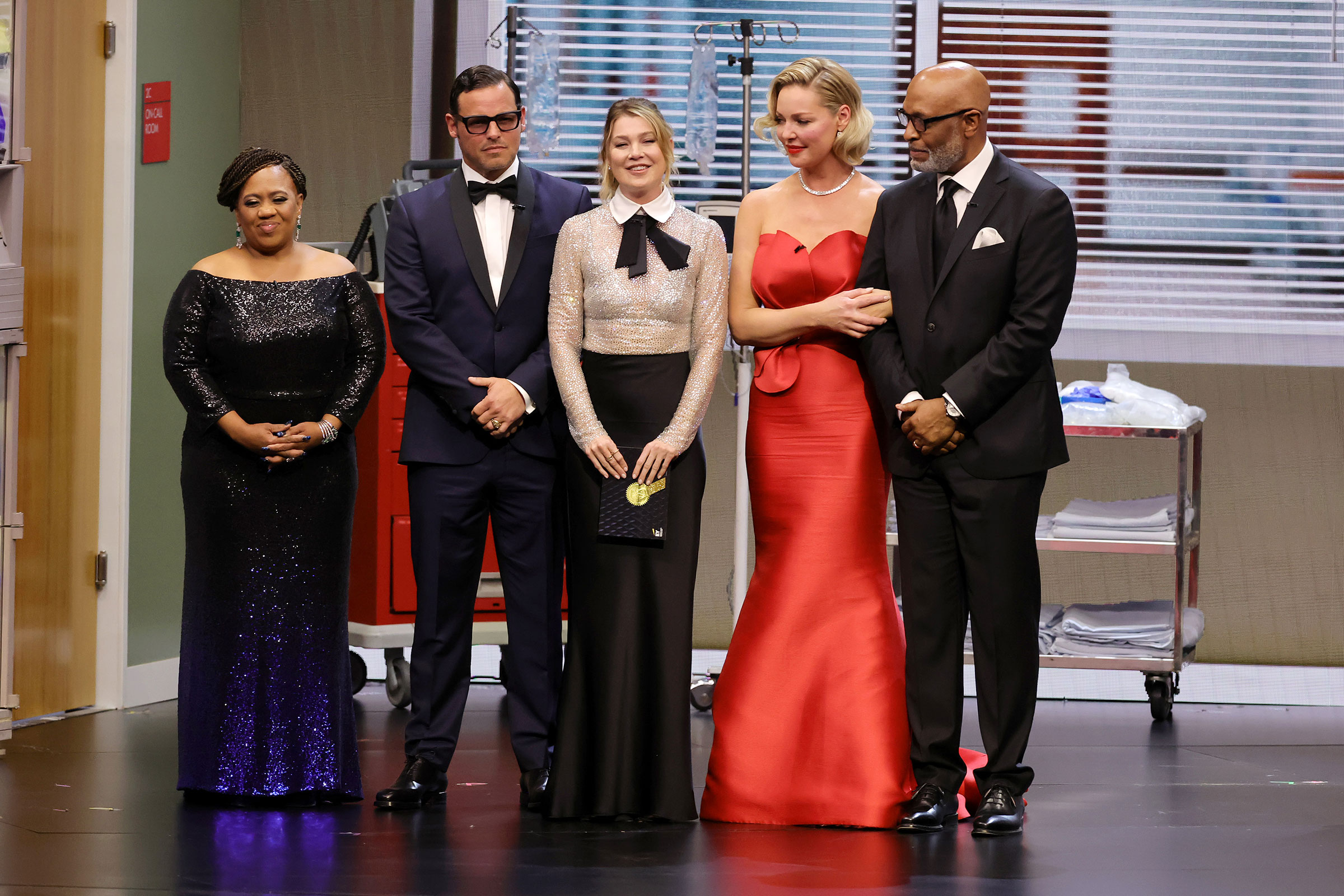 "Grey's Anatomy" cast members Chandra Wilson, Justin Chambers, Ellen Pompeo, Katherine Heigl and James Pickens speak onstage during the 75th Primetime Emmy Awards on Jan. 15, 2024.
