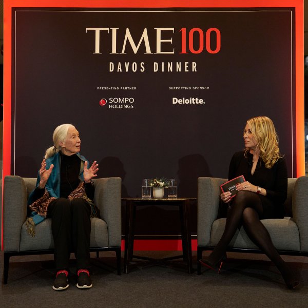 Jane Goodall and TIME CEO Jessica Sibley speak at the TIME100 Davos Dinner event on Jan. 15, 2024.