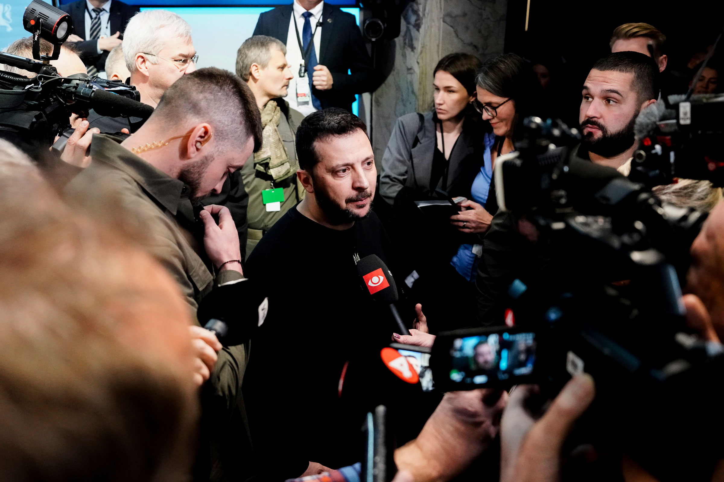 Zelensky speaks with journalists in Oslo on Dec. 13, 2023