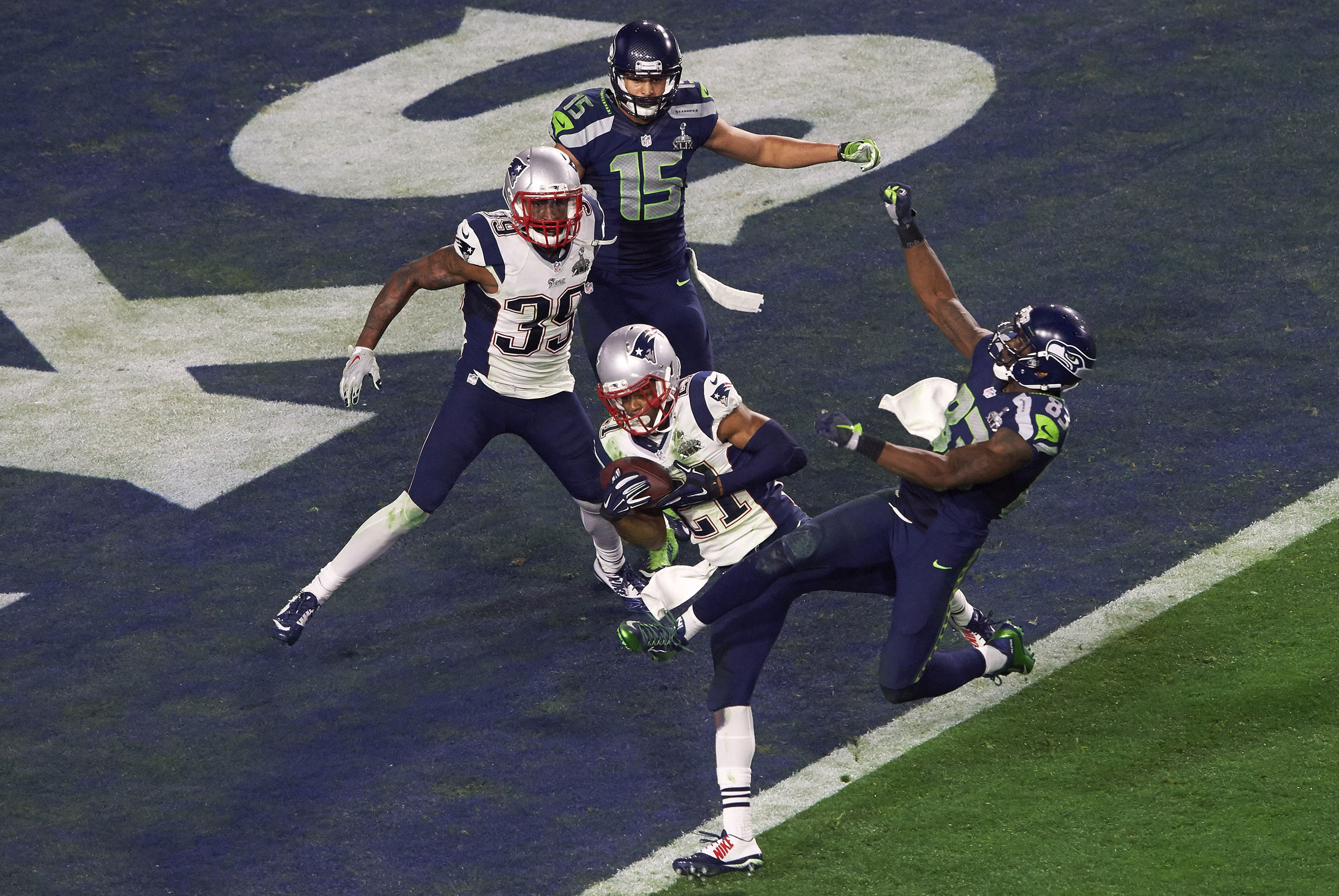 New England Patriots Malcolm Butler intercepts the ball on the goal-line during the final fourth quarter drive against the Seattle Seahawks in Super Bowl XLIX, on Feb. 1, 2015.