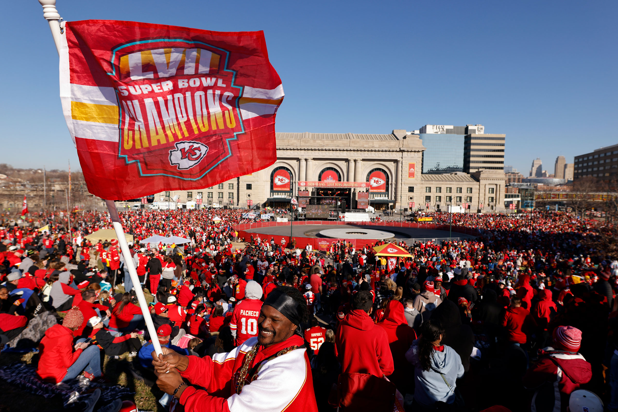 Fans assemble in front of Union Station prior to the Kansas City Chiefs Super Bowl victory parade, in Kansas City, Mo., on Feb. 14, 2024.