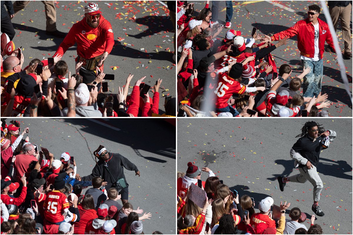Chiefs players high-fiving fans during the parade (clockwise from top left): Travis Kelce, Patrick Mahomes, Richie James, Isiah Pacheco