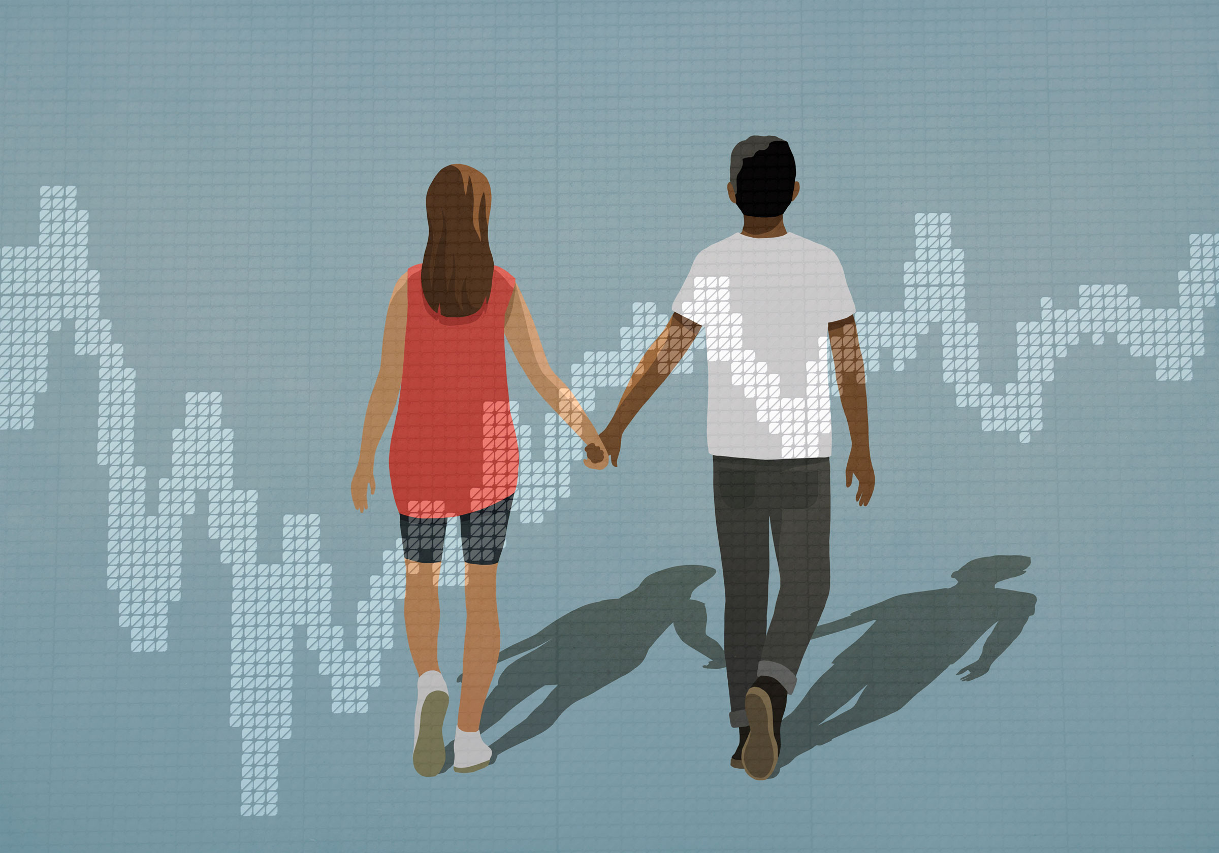 illustration couple holding hands and a stock market graph
