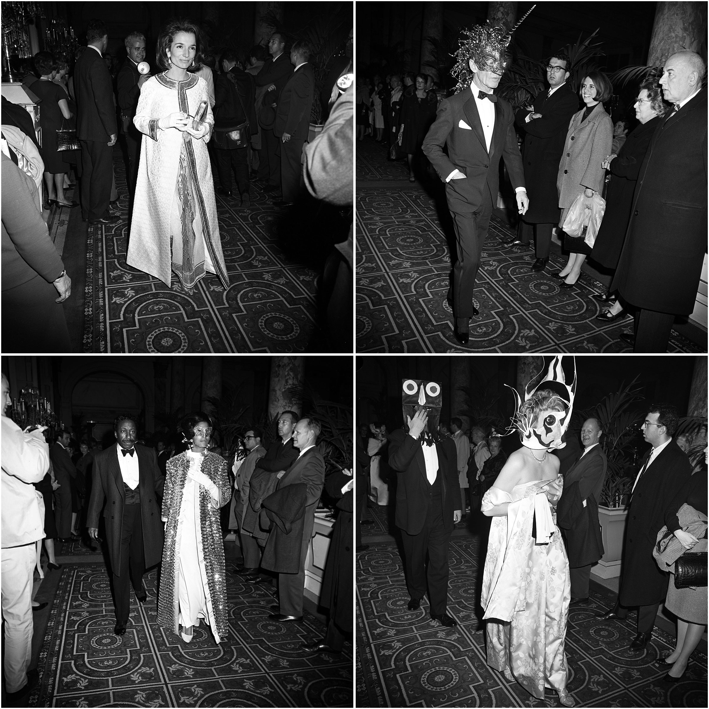 Arrivals at the Black and White Ball, clockwise from top left: Lee Radziwill, interior designer Billy Baldwin, Gordon Parks and his wife Elizabeth Campbell, John Gunther and his wife.