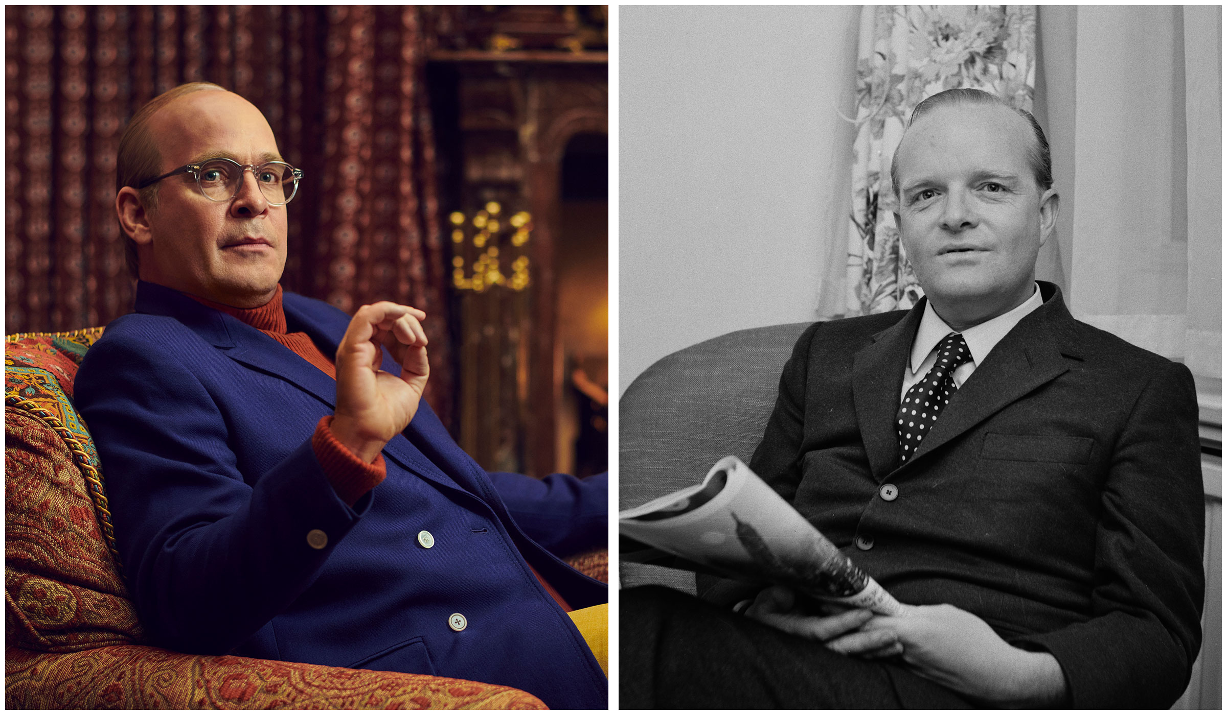 diptych of Tom Hollander as Truman Capote and Truman Capote