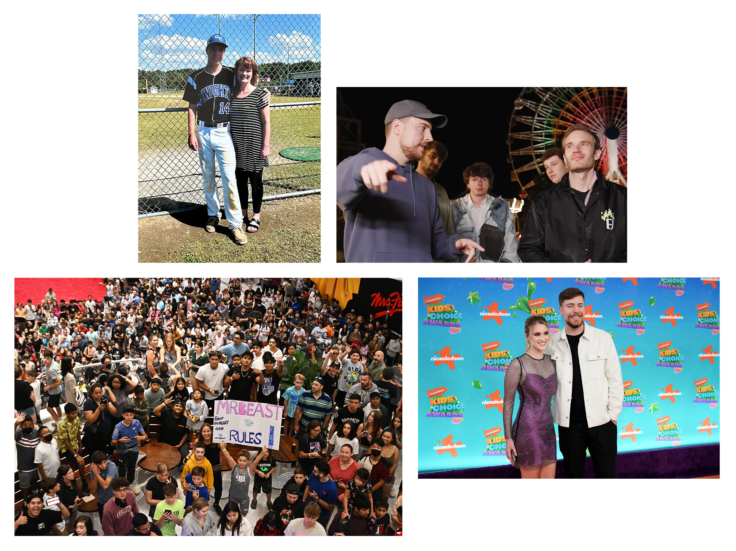 From left, clockwise: Donaldson and his mom in 2016, the year before he gave her $100,000 to pay her mortgage; Donaldson, with his posse, rented out a Japanese theme park to meet Youtuber Felix Kjellberg, right, who goes by PewDiePie; Donaldson credits girlfriend Thea Booysen with helping him work harder; Crowds swarm the opening of the MrBeast Burger Restaurant in New Jersey in September 2022. (Courtesy MrBeast; MrBeast/Youtube; Jeff Kravitz—FilmMagic/Getty Images; Dave Kotinsky—Getty Images for MrBeast Burger)