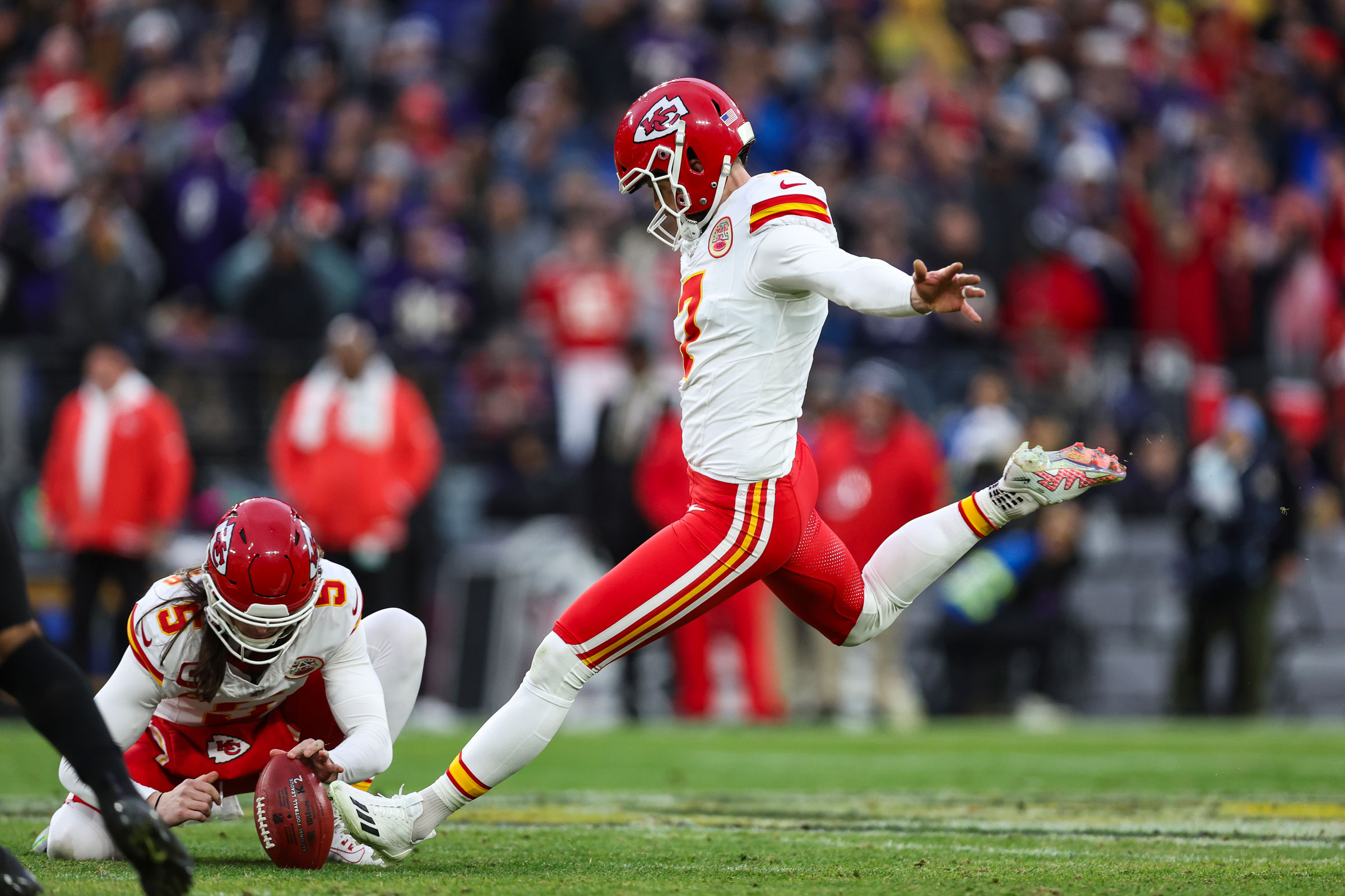 Harrison Butker kicks for a field goal during the AFC Championship game against the Baltimore Ravens on Jan. 28, 2024.