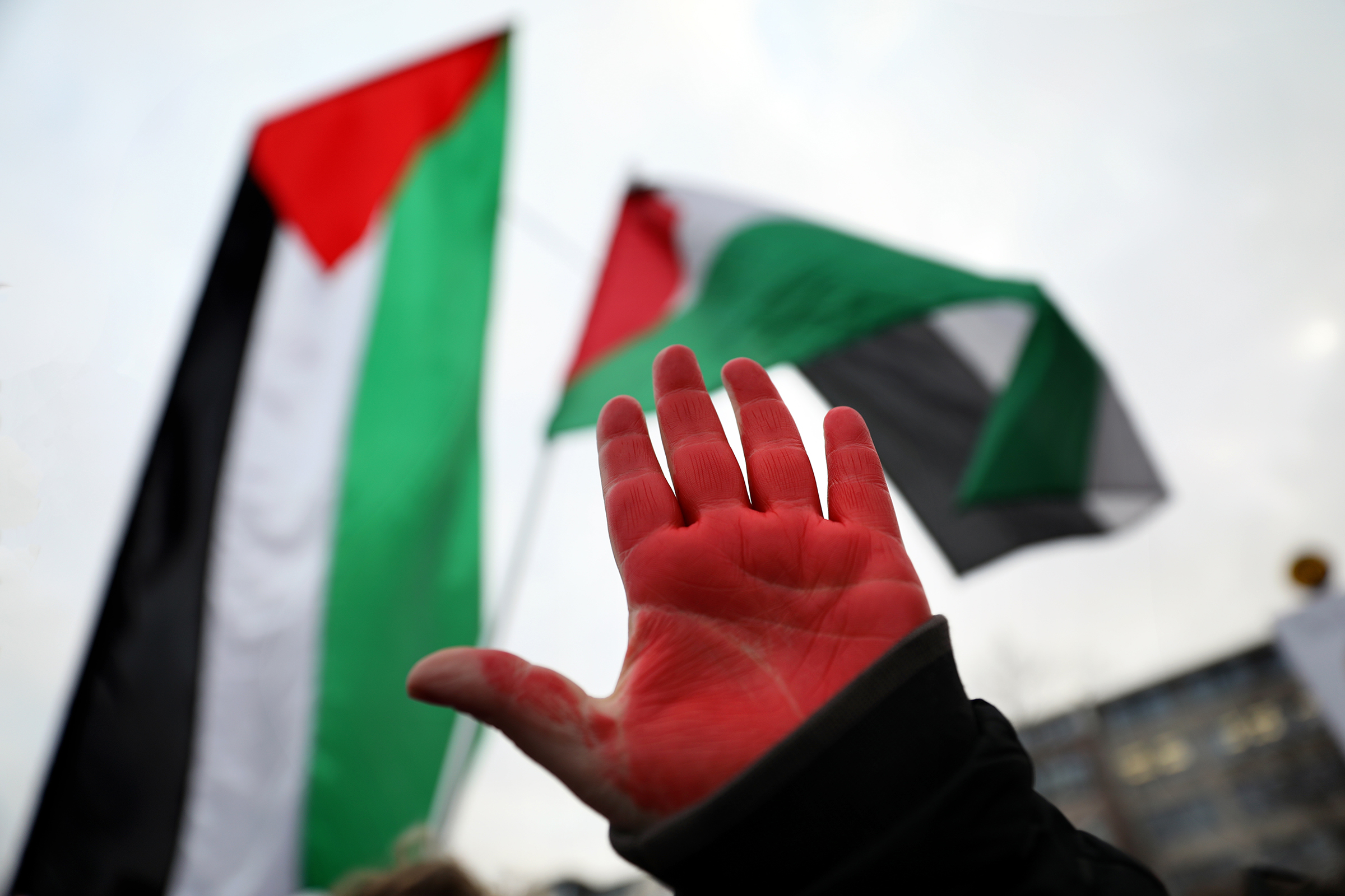 A protester's painted hand during a march to demand a ceasefire in response to the ongoing Israel–Hamas conflict on Dec. 28, 2023 in Berlin, Germany.