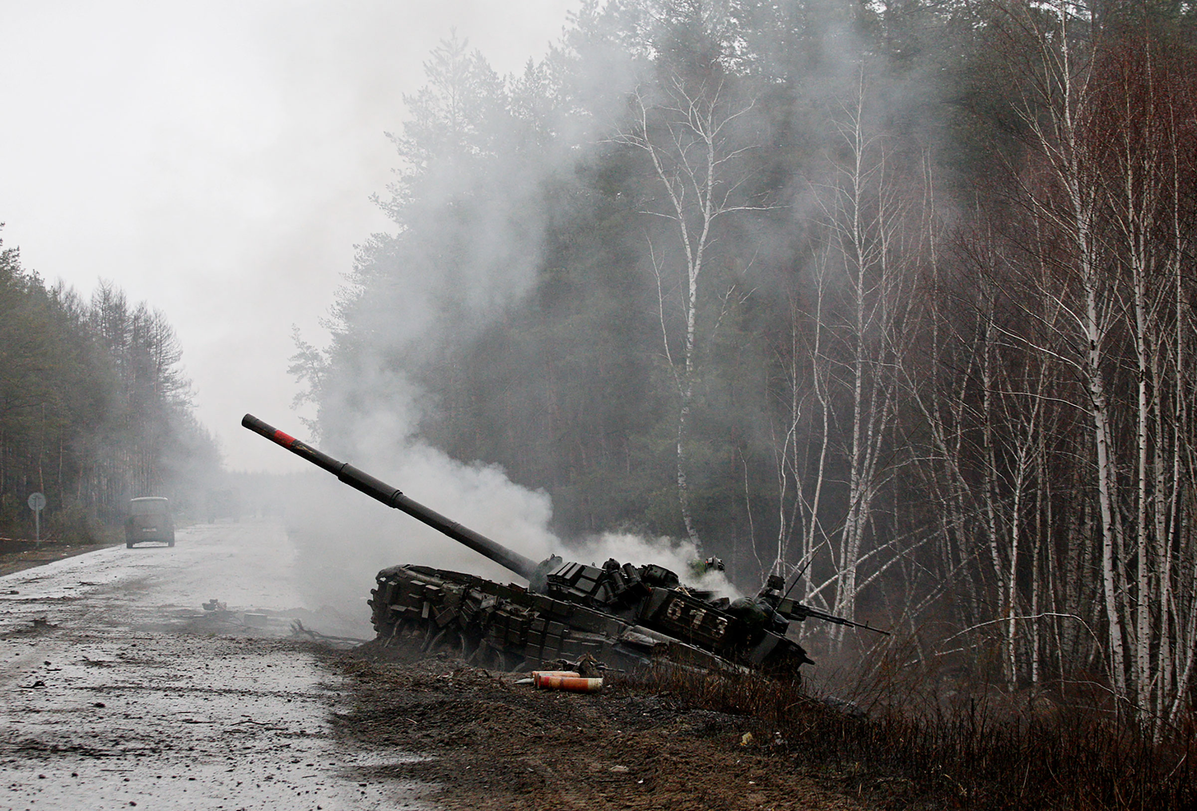 A Russian tank hit by Ukrainian forces
