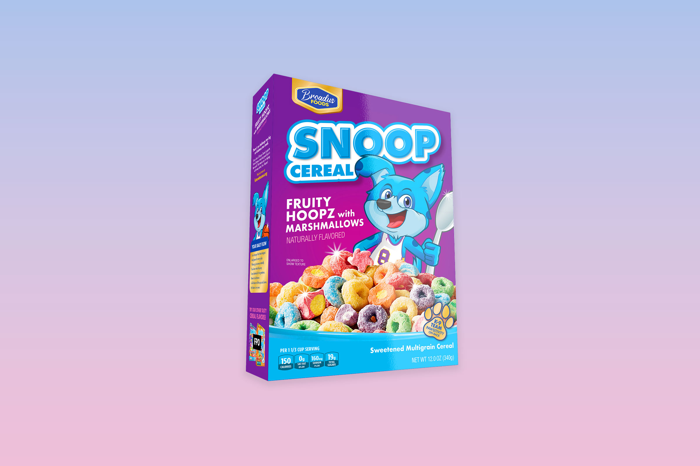 A box of Snoop Cereal which has colorful cereal on it and a blue cartoon dog holding a spoon